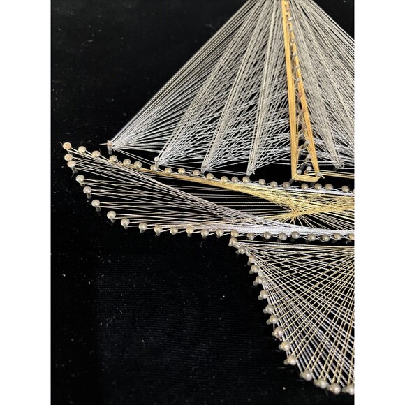 VTG Mid Century 3D String Art Nail Sail Boat Ship Wall Wood Frame 15x14” Velvet - Picture 3 of 16
